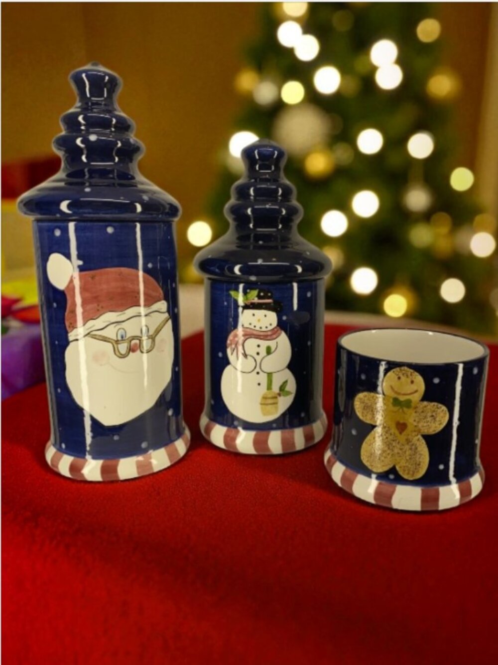 LAURIE GATES -- Christmas Canisters 3 Pc, Holiday Decor, Santa, Snowman, GBread